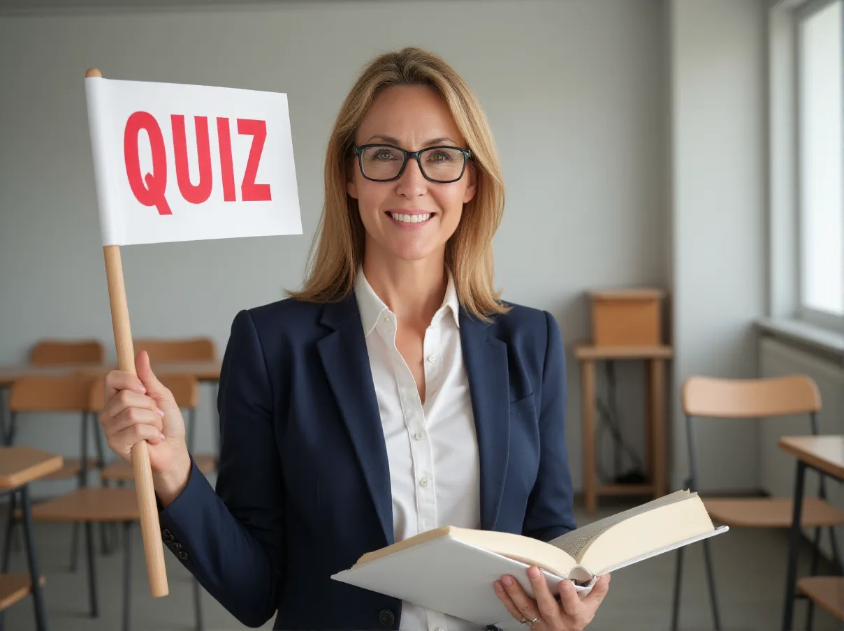 Tenant un quiz coloré, elle sourit à la caméra