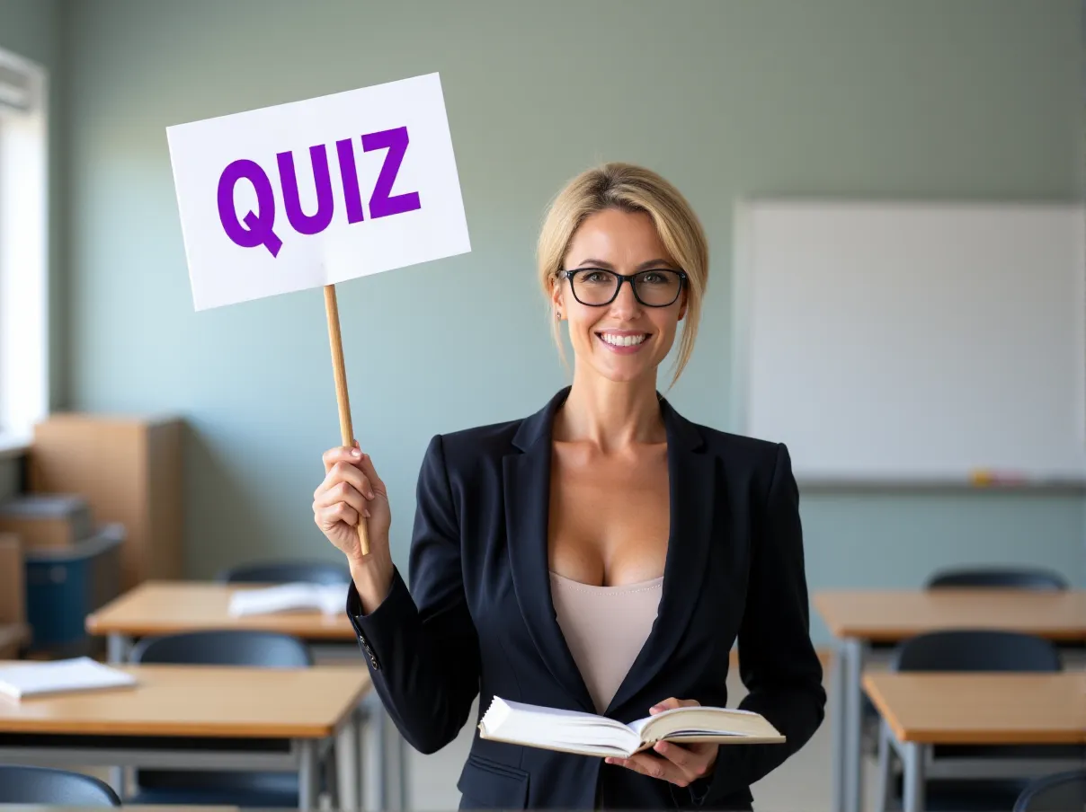 Une femme sourire radieux en tenant un quiz interactif